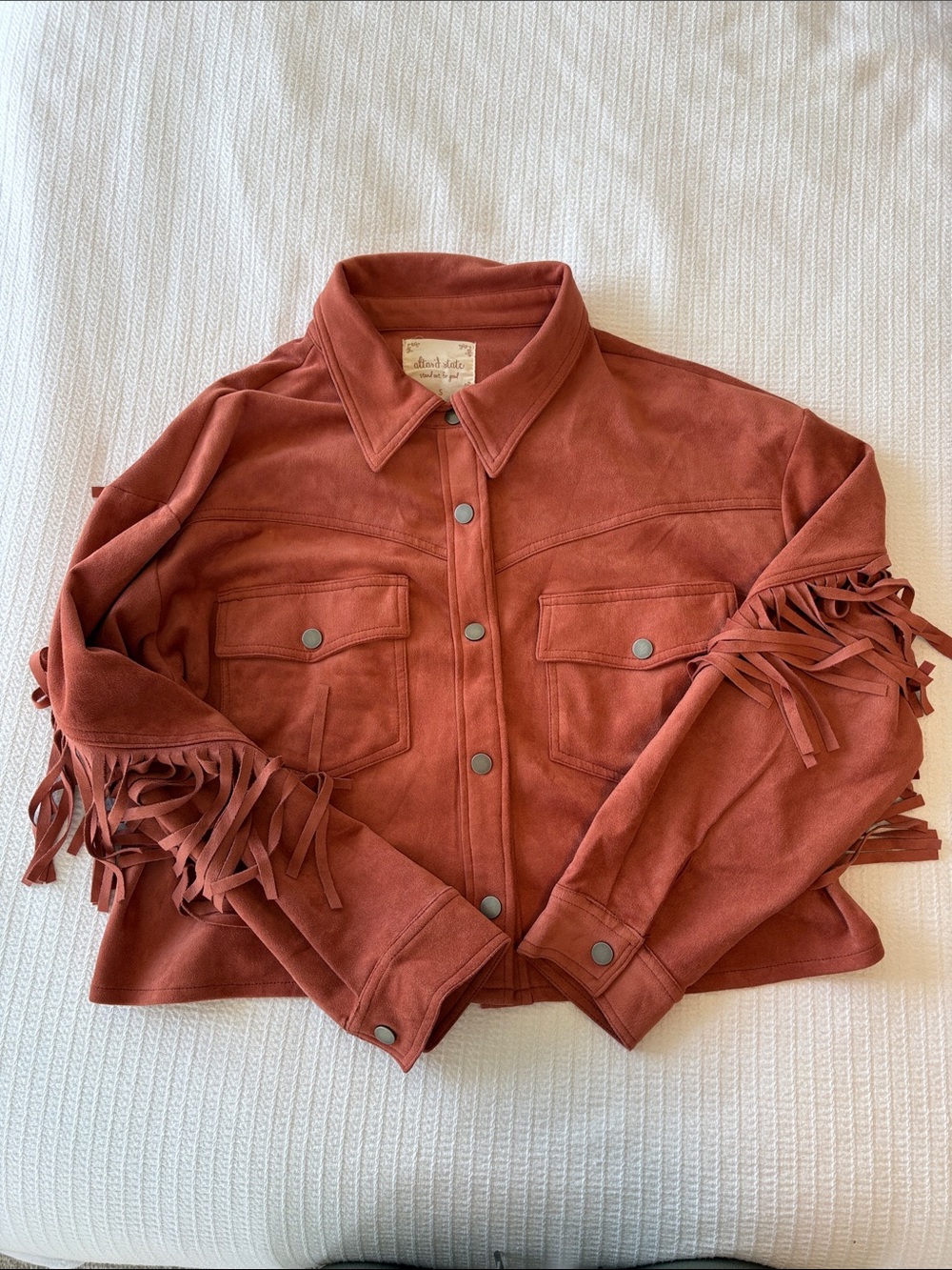 Altar'd State Rust Suede Fringe Jean Jacket